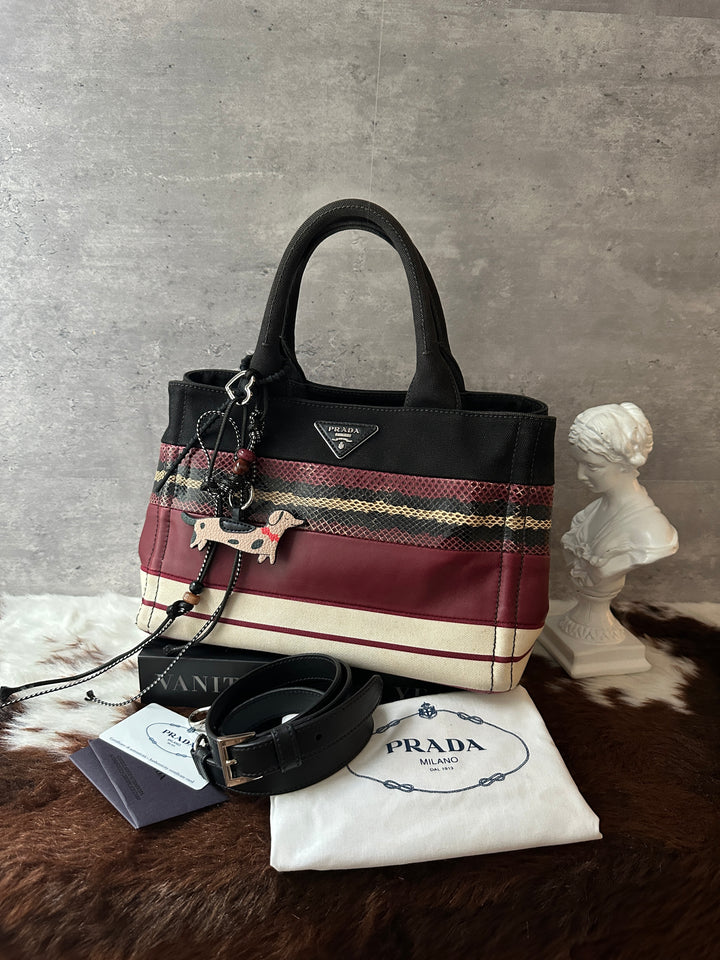 PRADA Canapa Patchwork Tote Bag 🍷｜Mixed Materials × Lizard-Effect Detail × Full Set