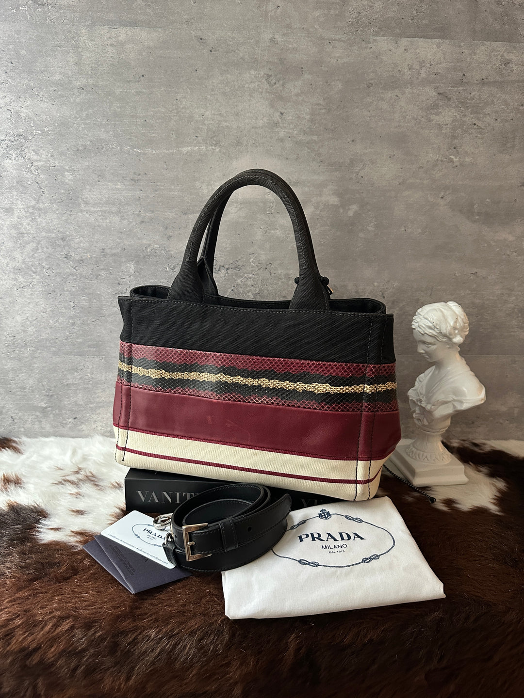 PRADA Canapa Patchwork Tote Bag 🍷｜Mixed Materials × Lizard-Effect Detail × Full Set