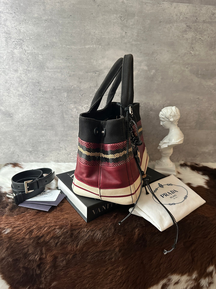 PRADA Canapa Patchwork Tote Bag 🍷｜Mixed Materials × Lizard-Effect Detail × Full Set