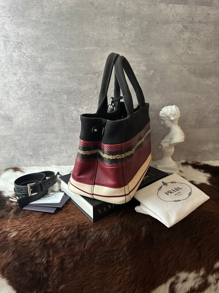 PRADA Canapa Patchwork Tote Bag 🍷｜Mixed Materials × Lizard-Effect Detail × Full Set