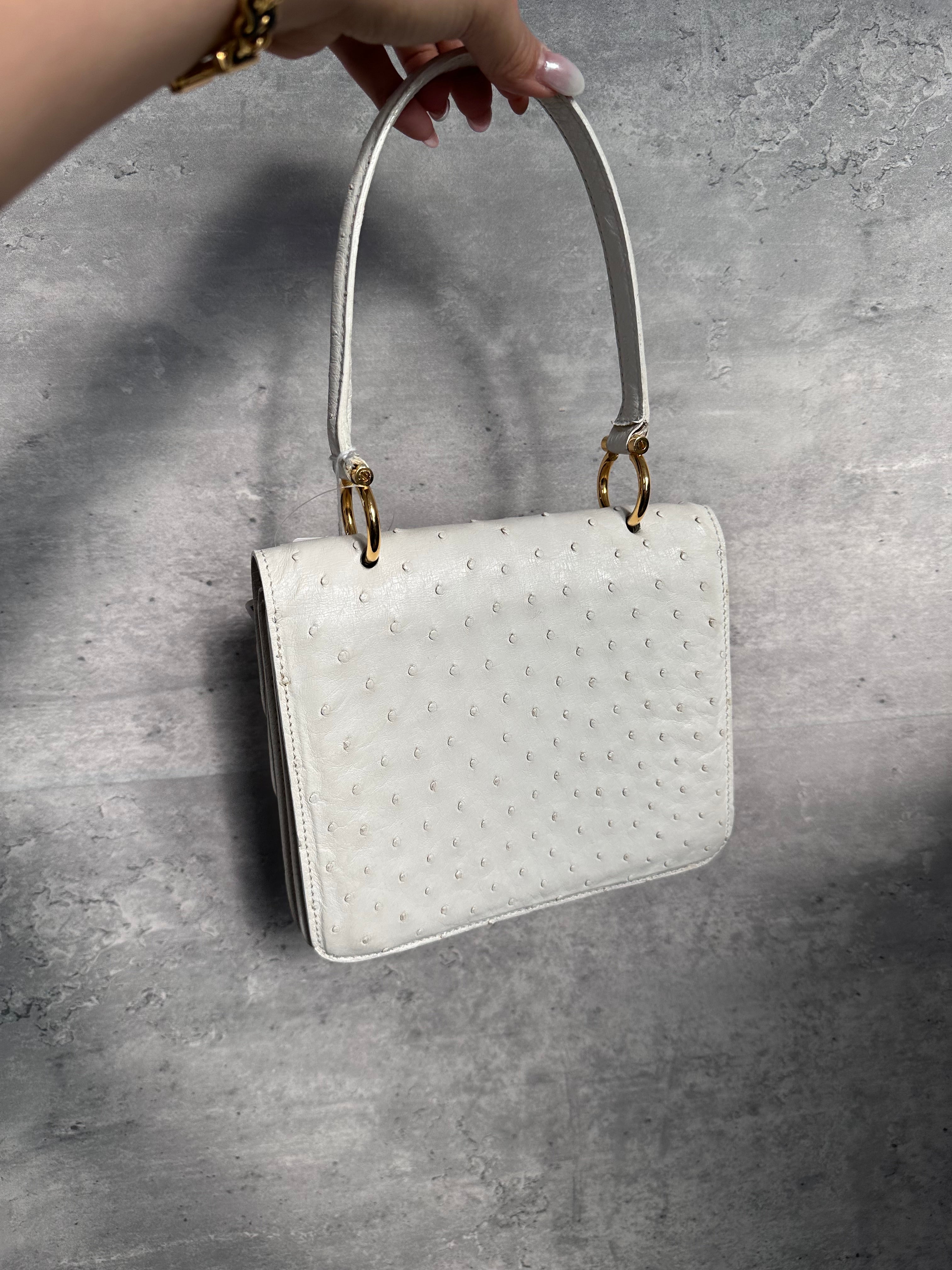 Celine White Ostrich Leather Double Flap Box Bag with Horseshoe