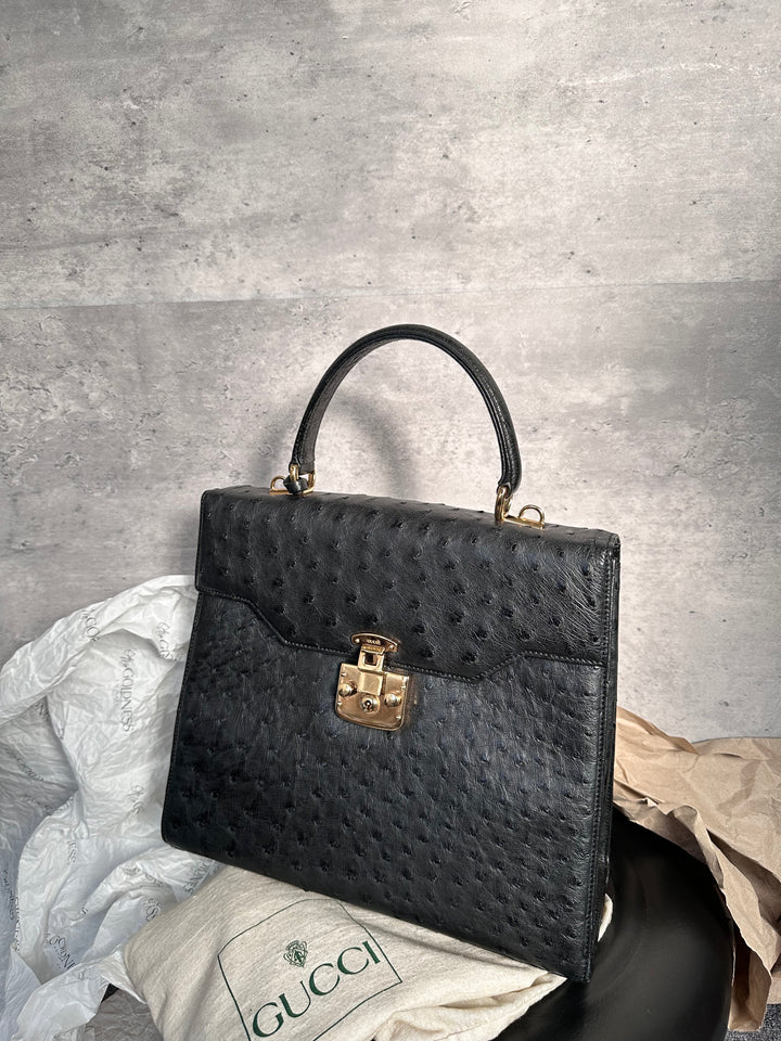 Gucci Black Ostrich Leather Padlock Kelly with Gold Hardware ✨｜Ultra-Rare, Collectible & Elegant