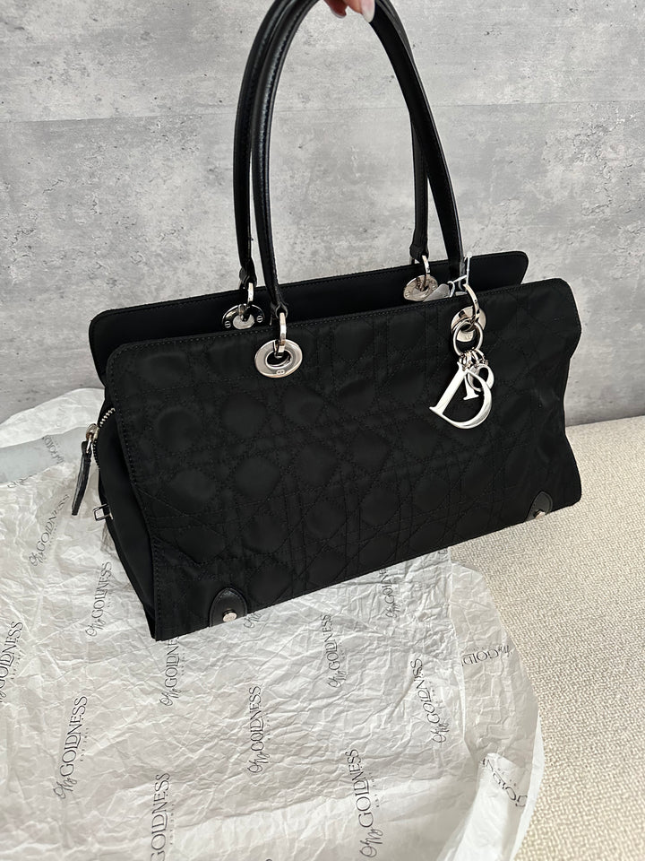 Christian Dior,Lady Dior Black Silver Nylon Baguette