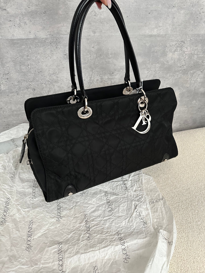 Christian Dior,Lady Dior Black Silver Nylon Baguette