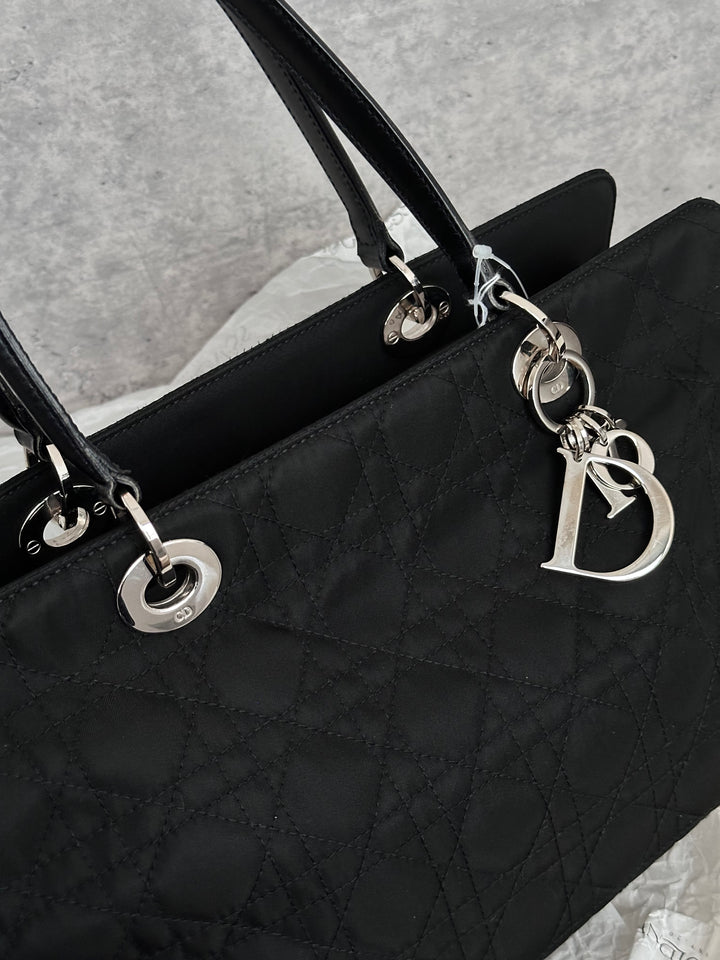 Christian Dior,Lady Dior Black Silver Nylon Baguette