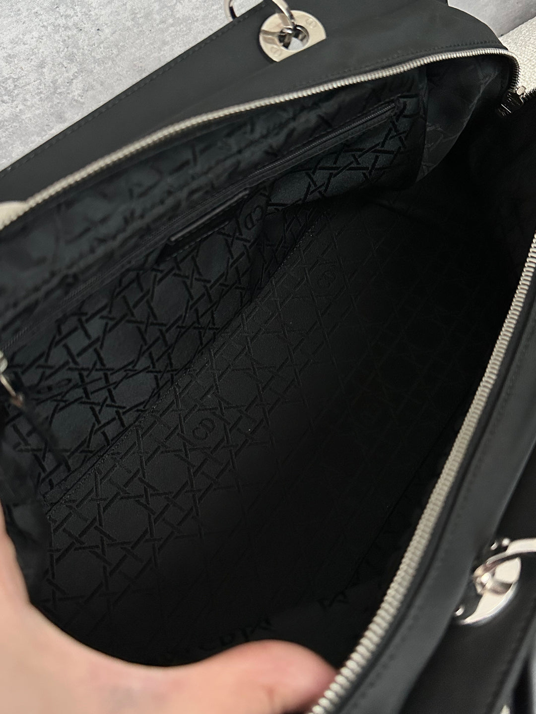 Christian Dior,Lady Dior Black Silver Nylon Baguette