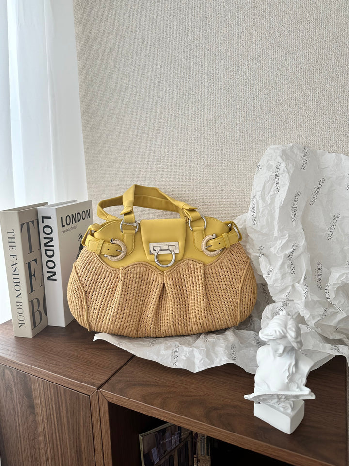 Salvatore Ferragamo Horsebit Raffia & Leather Tote（Yellow × Natural）｜Summer Resort Charm ☀️🌿