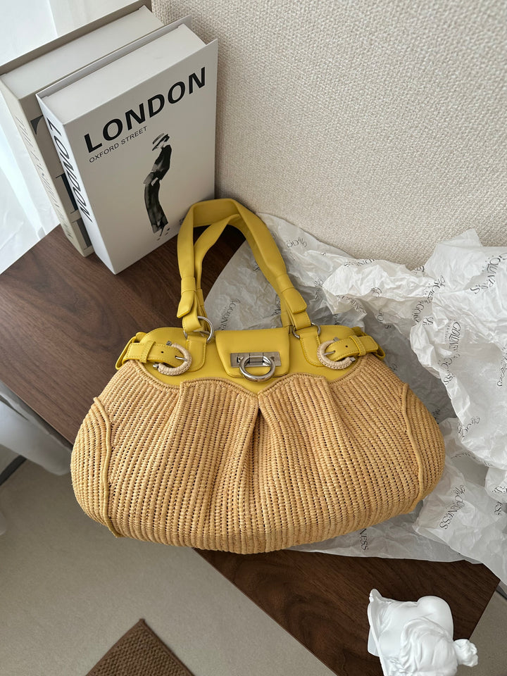 Salvatore Ferragamo Horsebit Raffia & Leather Tote（Yellow × Natural）｜Summer Resort Charm ☀️🌿