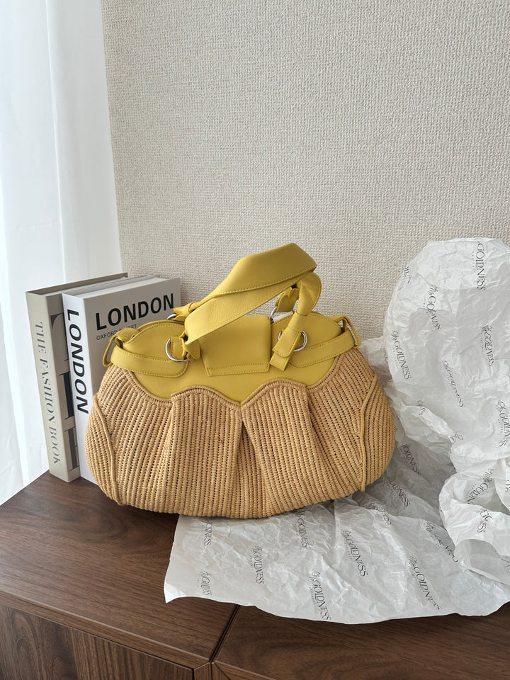Salvatore Ferragamo Horsebit Raffia & Leather Tote（Yellow × Natural）｜Summer Resort Charm ☀️🌿