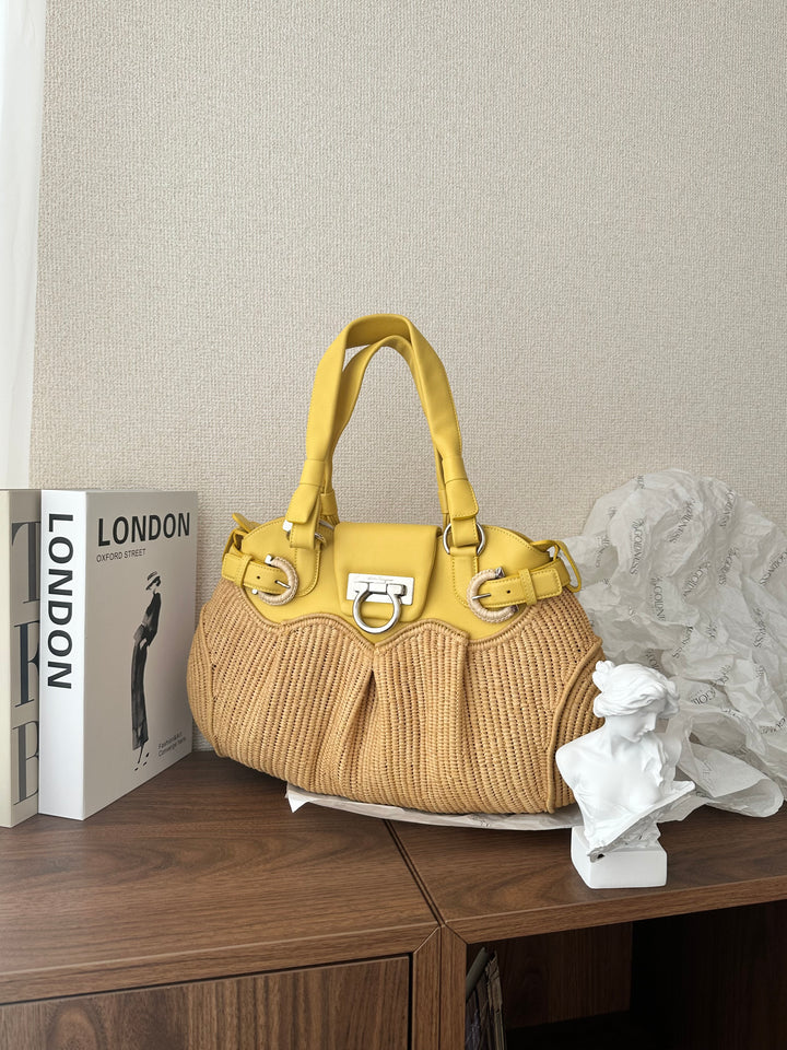 Salvatore Ferragamo Horsebit Raffia & Leather Tote（Yellow × Natural）｜Summer Resort Charm ☀️🌿
