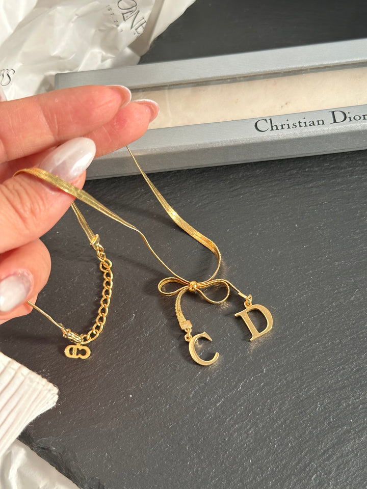 DIOR Vintage CD Initials Bow Necklace（Gold-Tone）｜Feminine Charm 🦋✨