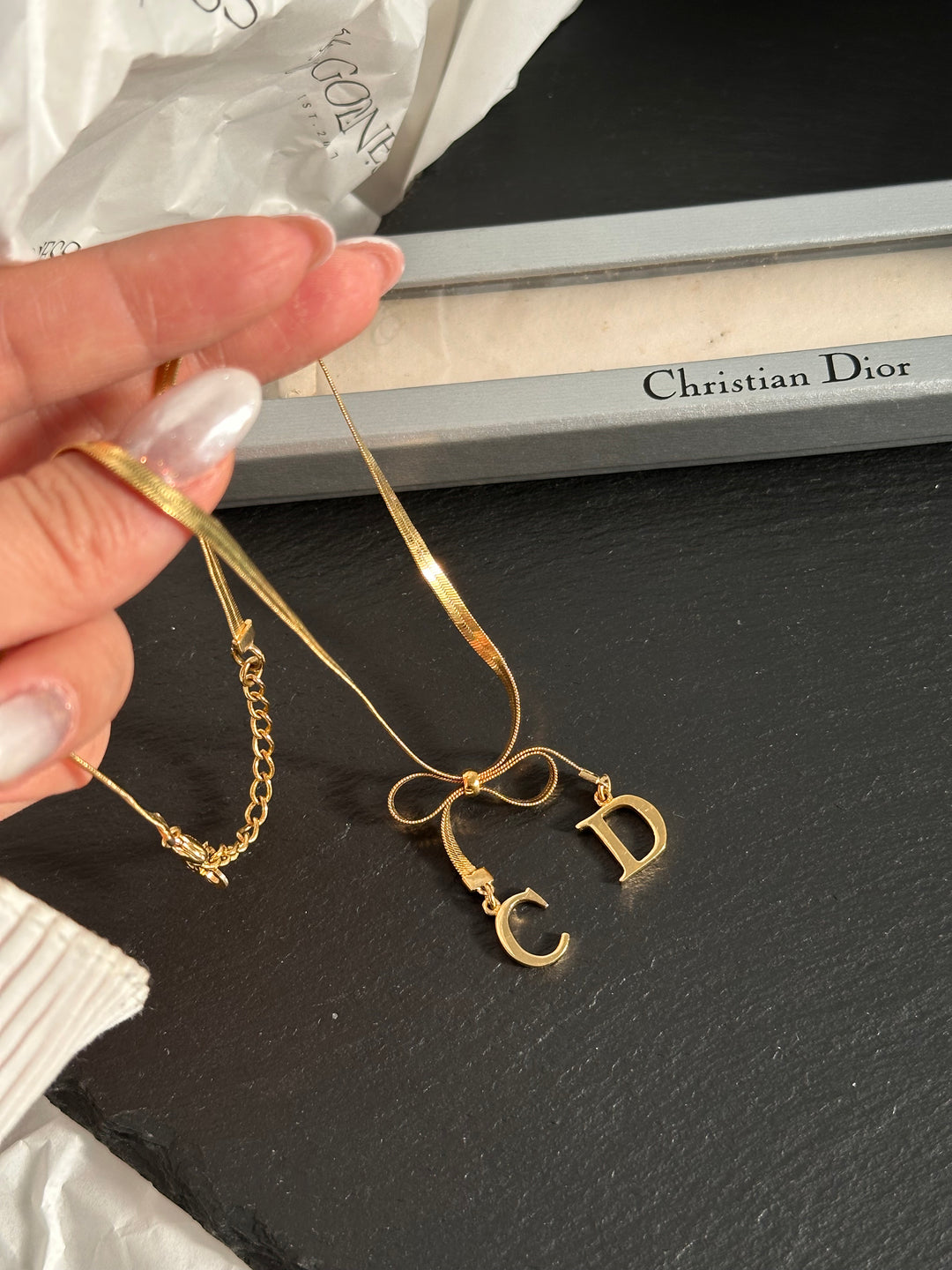 DIOR Vintage CD Initials Bow Necklace（Gold-Tone）｜Feminine Charm 🦋✨