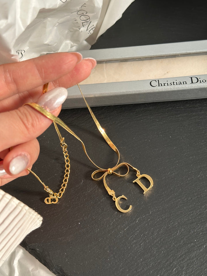 DIOR Vintage CD Initials Bow Necklace（Gold-Tone）｜Feminine Charm 🦋✨