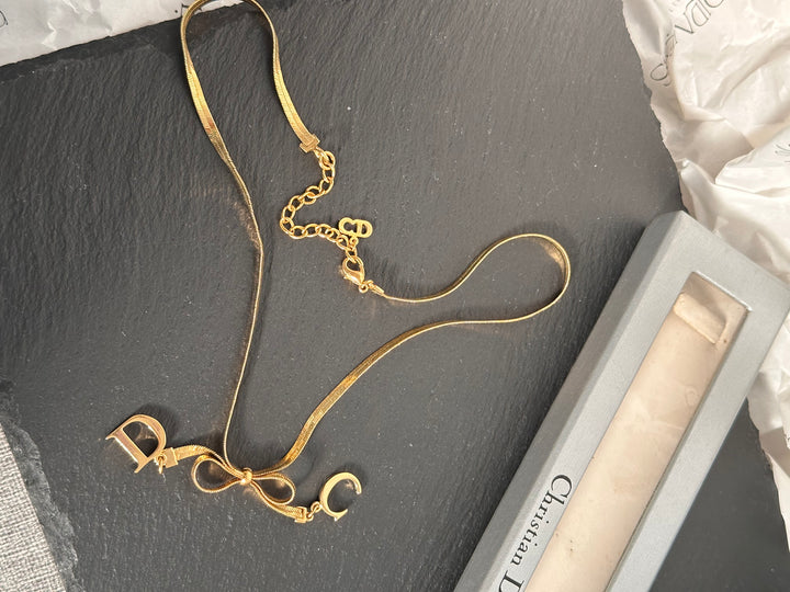 DIOR Vintage CD Initials Bow Necklace（Gold-Tone）｜Feminine Charm 🦋✨