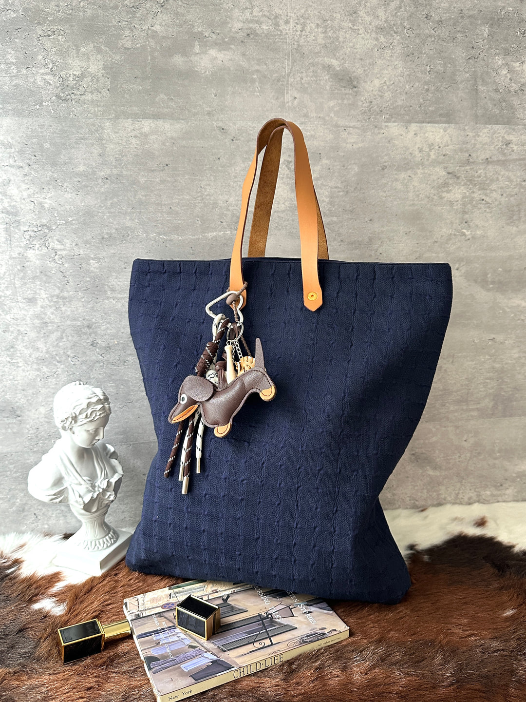Hermès Fabric Tote Bag 💙｜Navy Textile × Leather Handles × Laptop-Friendly