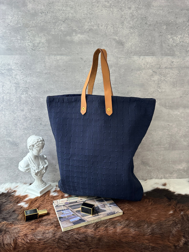 Hermès Fabric Tote Bag 💙｜Navy Textile × Leather Handles × Laptop-Friendly