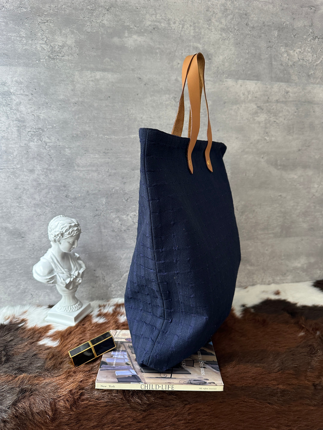 Hermès Fabric Tote Bag 💙｜Navy Textile × Leather Handles × Laptop-Friendly
