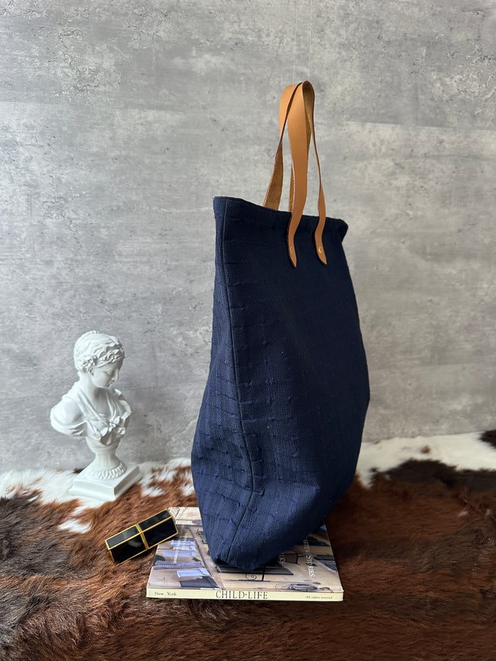Hermès Fabric Tote Bag 💙｜Navy Textile × Leather Handles × Laptop-Friendly