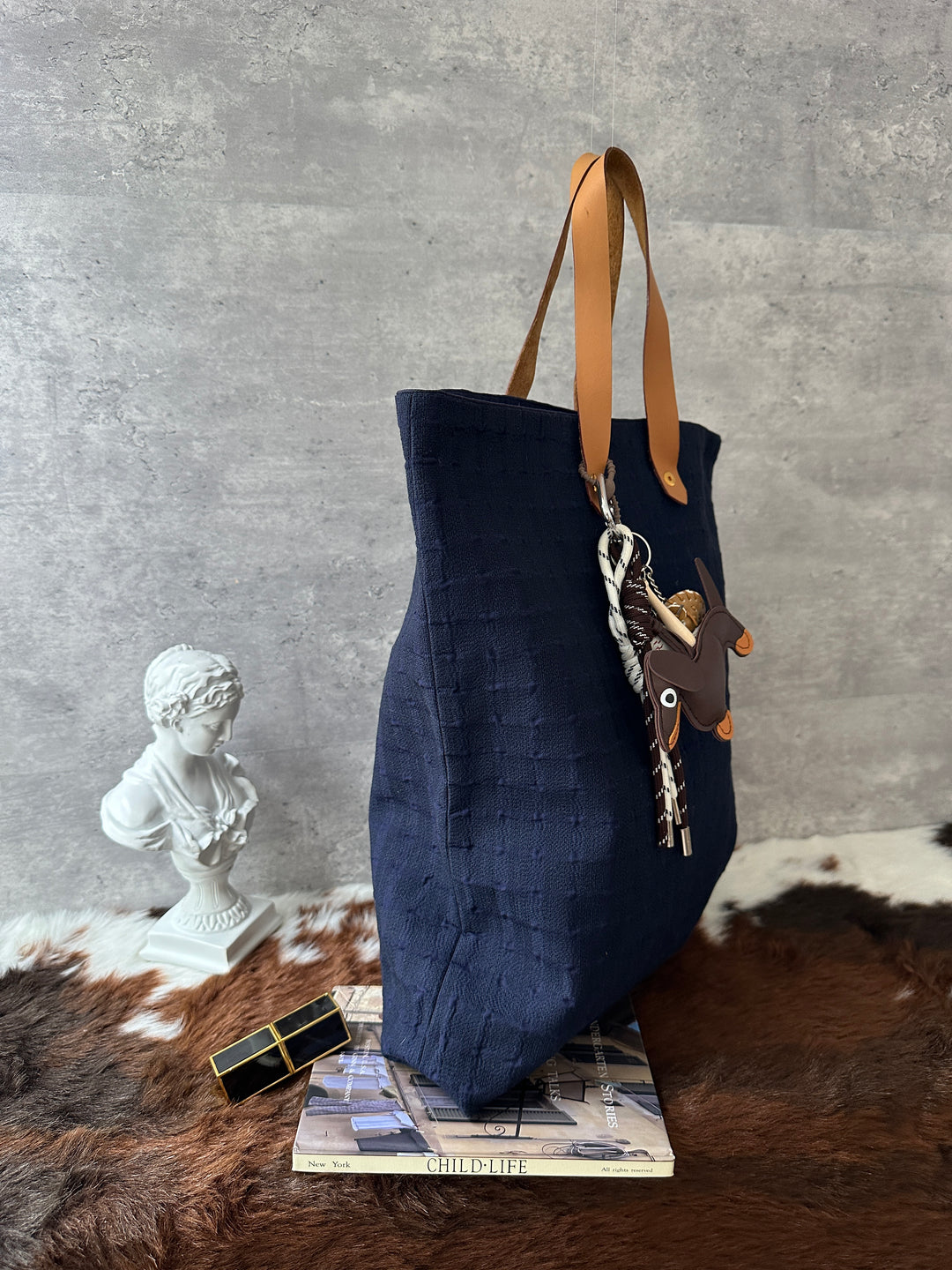 Hermès Fabric Tote Bag 💙｜Navy Textile × Leather Handles × Laptop-Friendly