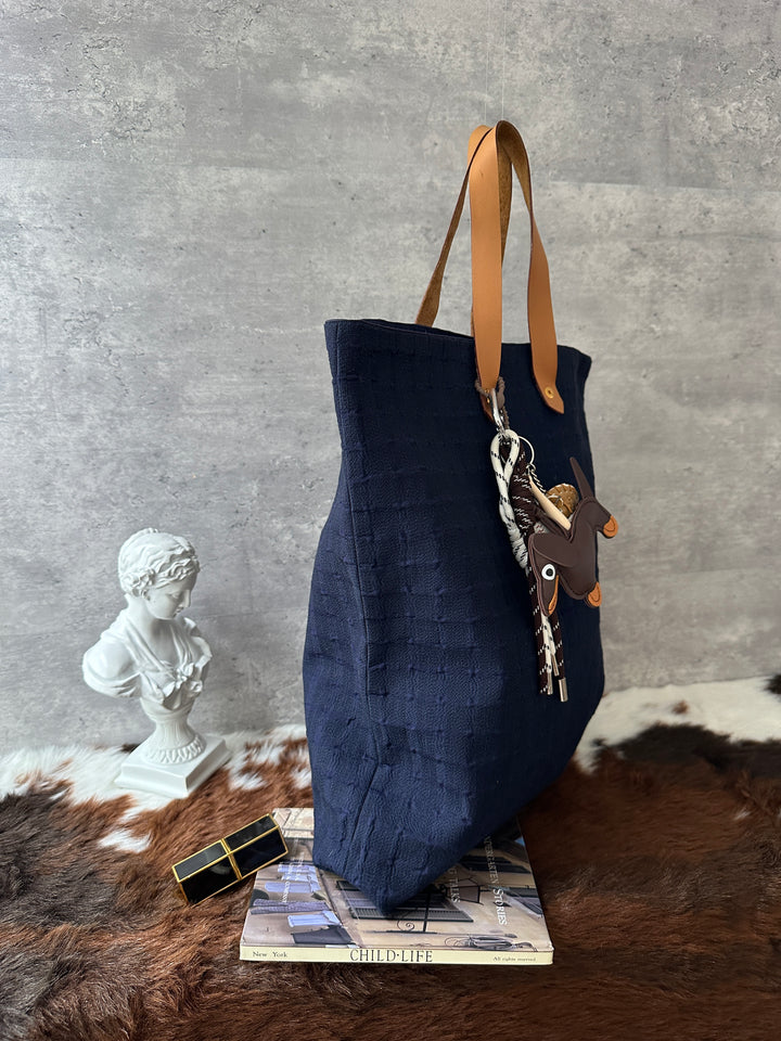 Hermès Fabric Tote Bag 💙｜Navy Textile × Leather Handles × Laptop-Friendly