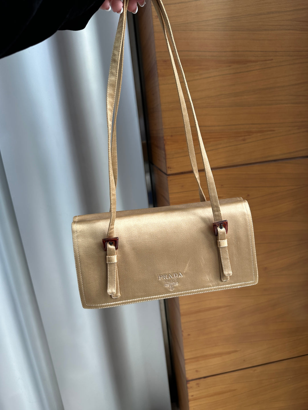 Prada Champagne Satin Shoulder Bag ✨ | Quiet Glamour, Modern Minimalism