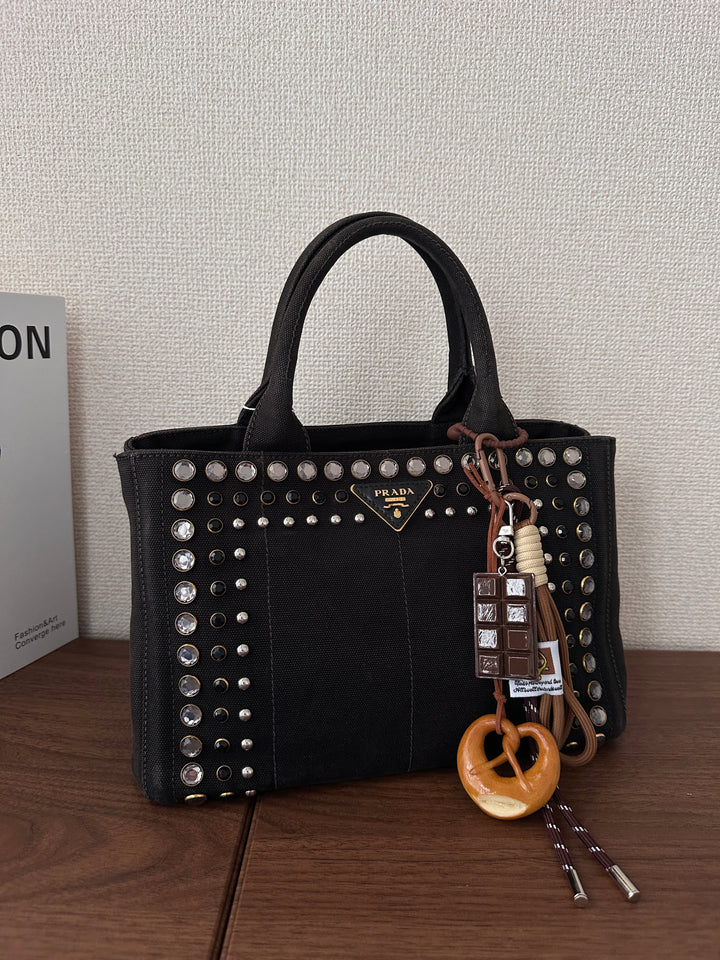 PRADA Studded Denim Tote 🖤✨ Crystal Rivets Small Size