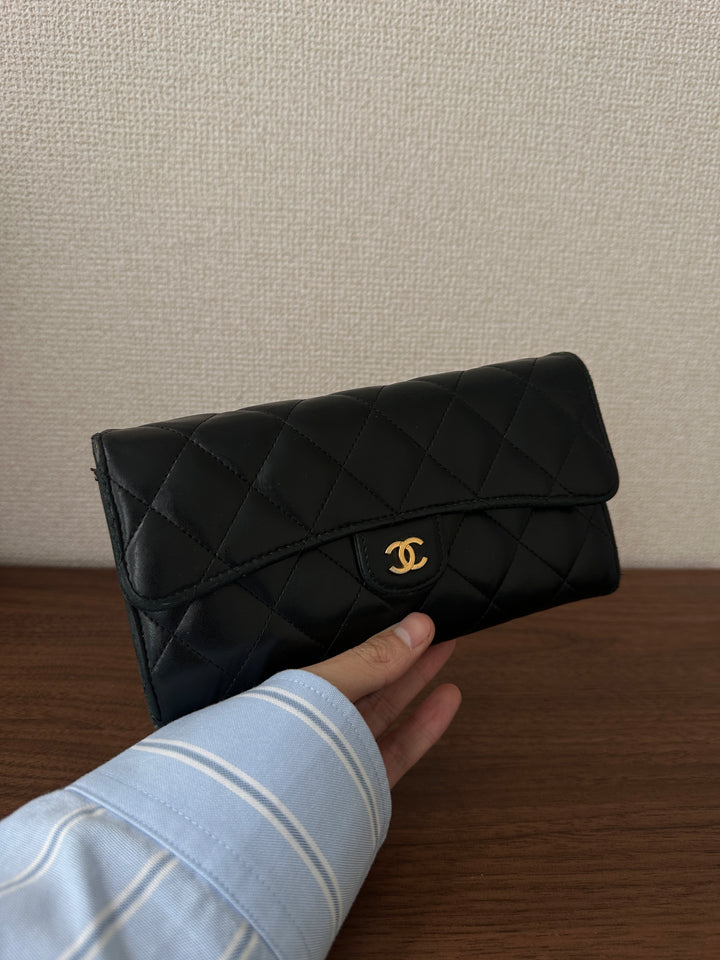 Chanel Classic Flap Long Wallet 🖤✨ Black with Gold CC