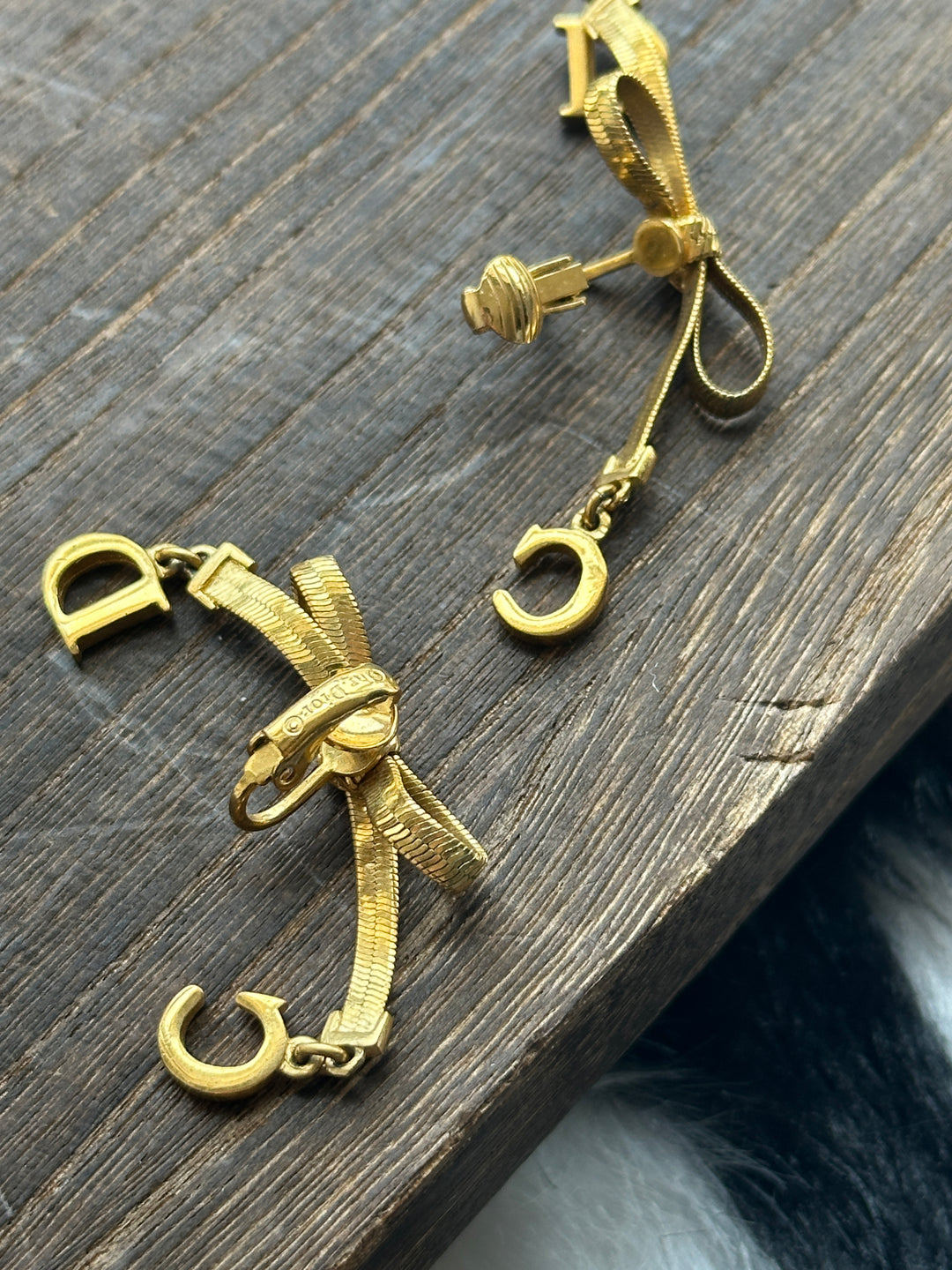 Dior CD Bow Drop Earrings ✨｜Sculptural Ribbon Bow × Swinging CD Charms × Vintage Gold-Tone Finish