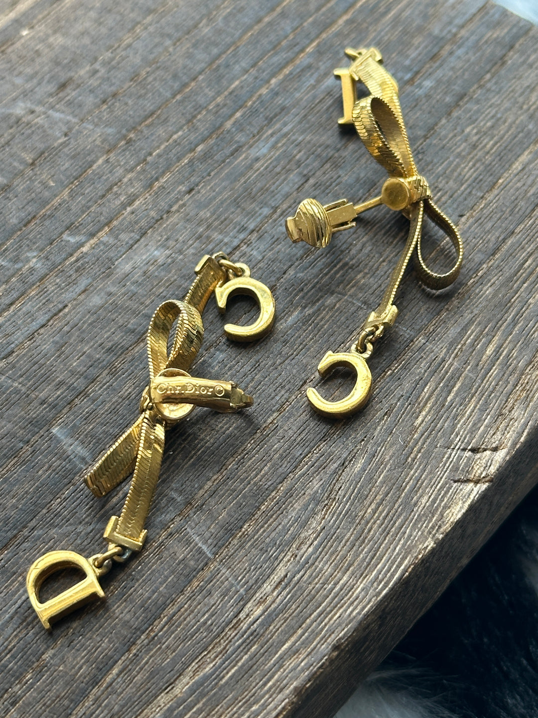 Dior CD Bow Drop Earrings ✨｜Sculptural Ribbon Bow × Swinging CD Charms × Vintage Gold-Tone Finish