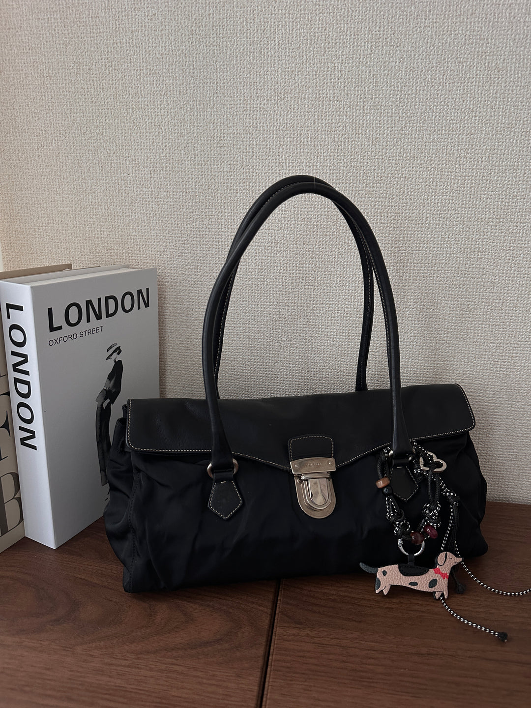 Prada Nylon Leather Hobo Bag 🖤✨ Double Flap Baguette Style