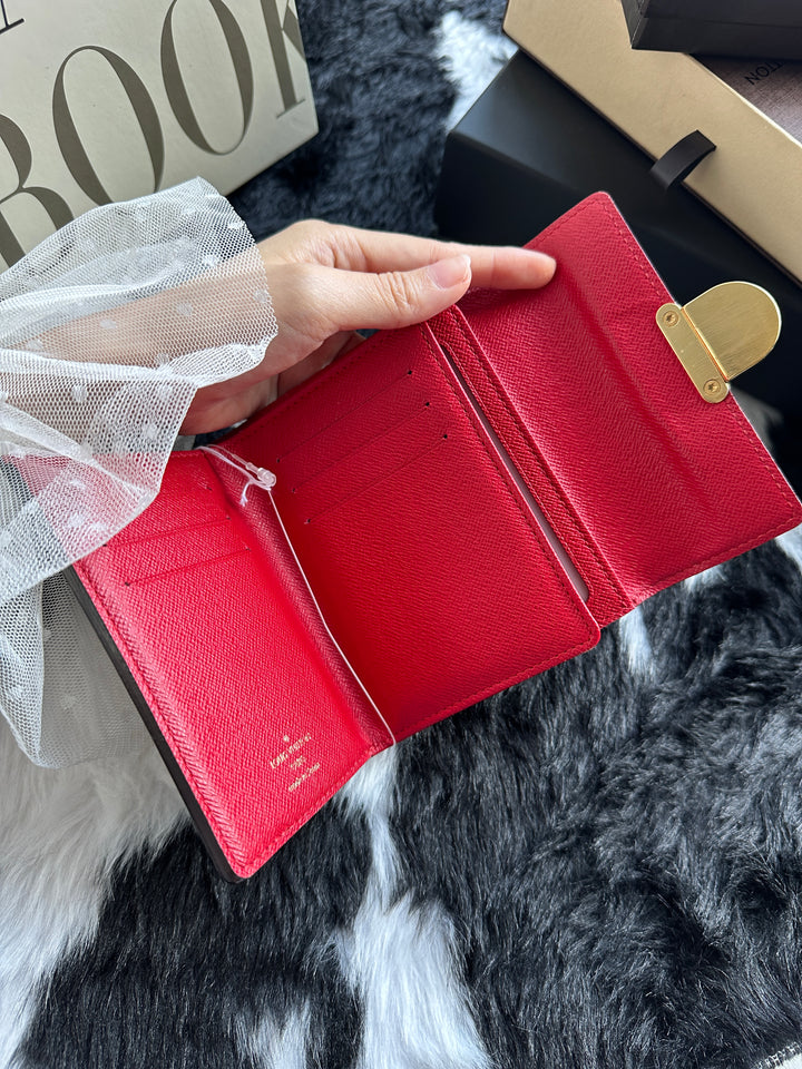 Louis Vuitton Damier Ebene Press-Lock Compact Wallet 🤎｜Vintage Gold Clasp × Red Leather Interior × Compact Organisation