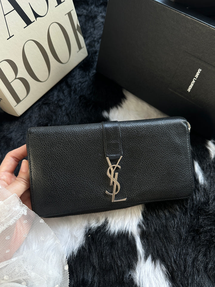 Saint Laurent Cassandre Zip-Around Long Wallet 🖤｜Grained Leather × Silver YSL Logo × Spacious Organisation