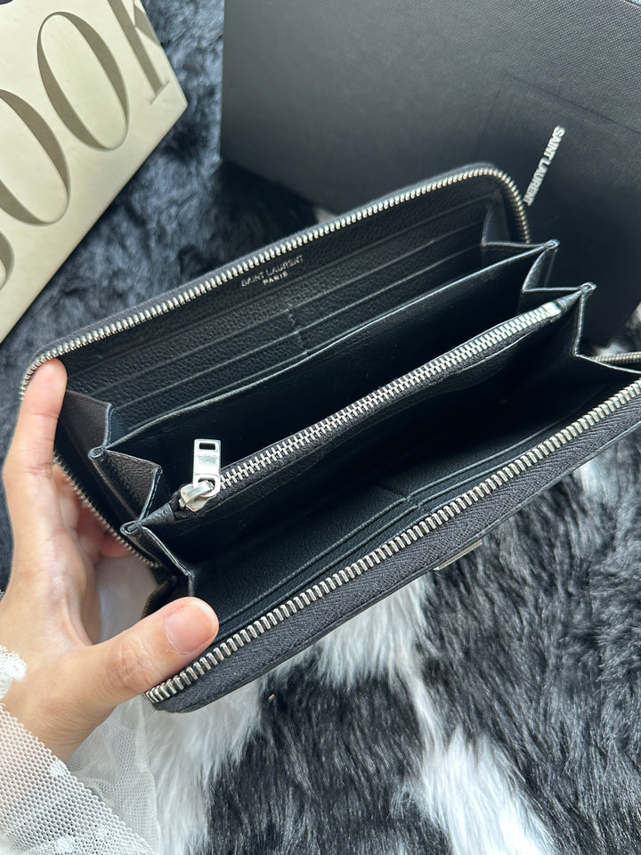 Saint Laurent Cassandre Zip-Around Long Wallet 🖤｜Grained Leather × Silver YSL Logo × Spacious Organisation