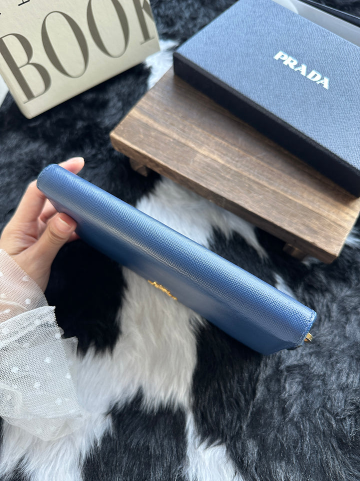 Prada Saffiano Zip-Around Long Wallet 💙｜Gem Blue × Contrast Interior × Full Set