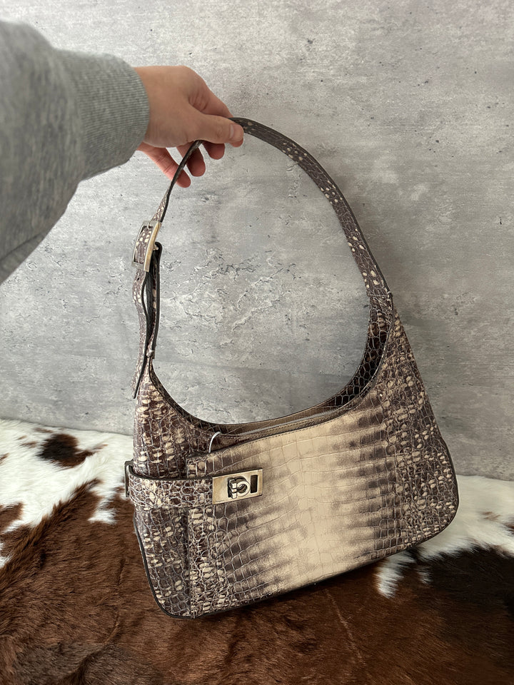 Ferragamo “Croc-Embossed Adjustable Hobo” 🤎✨ | Rare Embossed Leather & Elegant Sculpted Silhouette