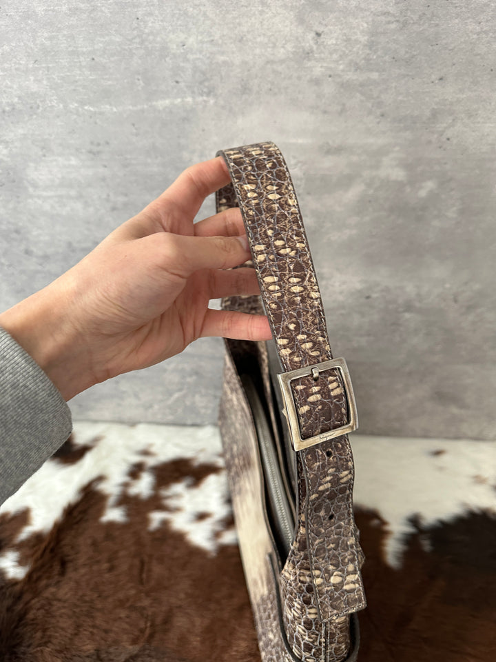 Ferragamo “Croc-Embossed Adjustable Hobo” 🤎✨ | Rare Embossed Leather & Elegant Sculpted Silhouette