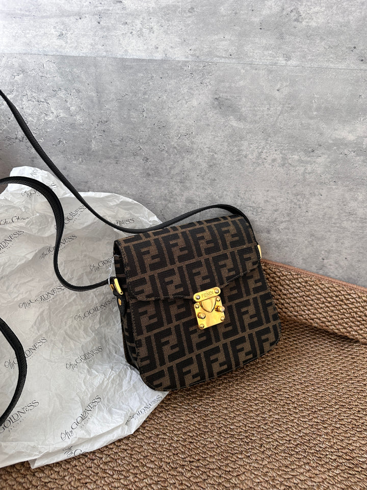 FENDI Zucca Monogram Mini Boxy Shoulder Bag 🤎｜Vintage Small Size with Gold Lock