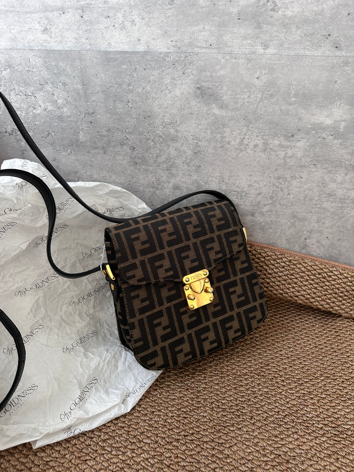 FENDI Zucca Monogram Mini Boxy Shoulder Bag 🤎｜Vintage Small Size with Gold Lock