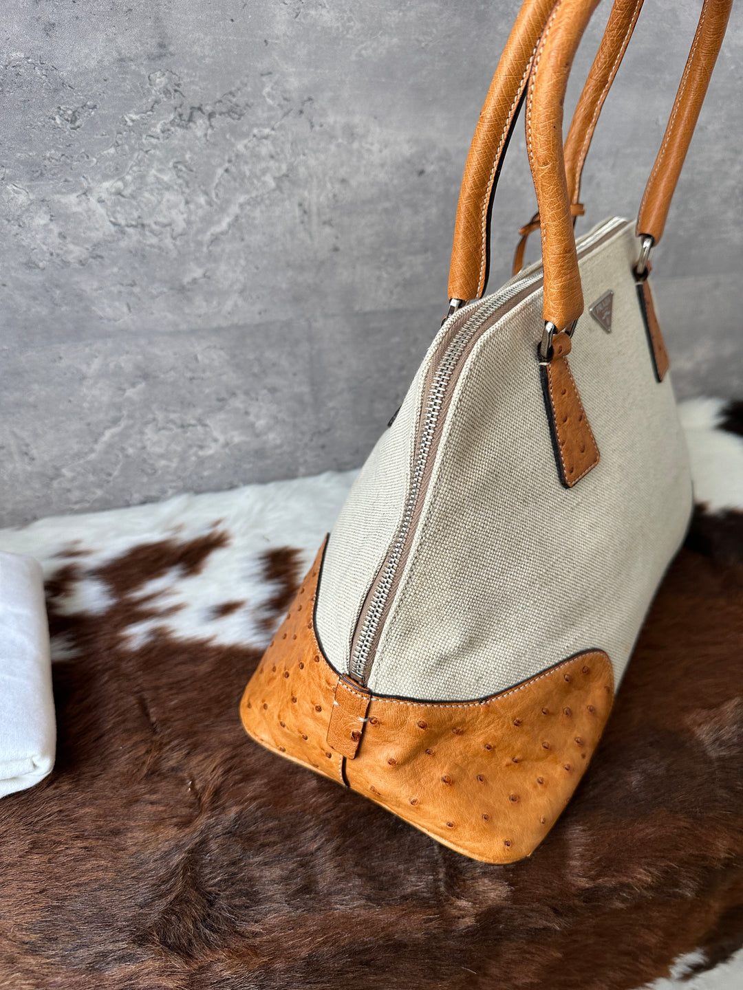 Prada “Canvas & Ostrich Leather Alma Bag” 🤎✨ | Ultra-Rare Exotic Trim • Key Lock • Shoulder-Friendly