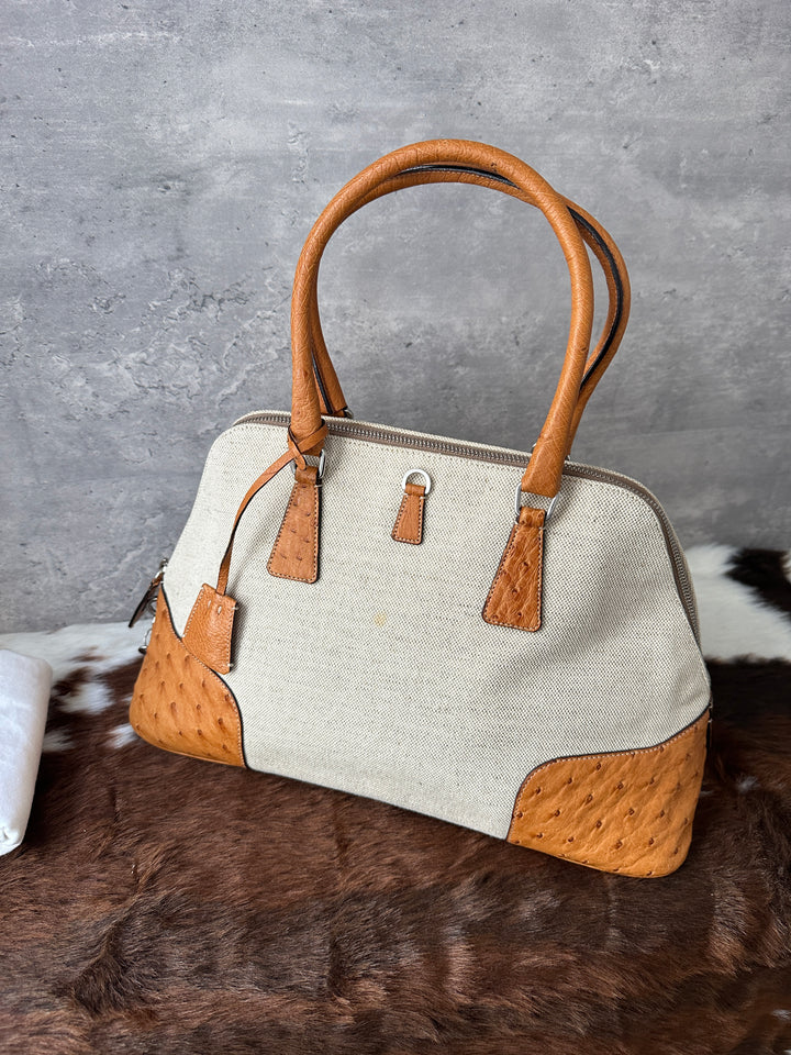 Prada “Canvas & Ostrich Leather Alma Bag” 🤎✨ | Ultra-Rare Exotic Trim • Key Lock • Shoulder-Friendly
