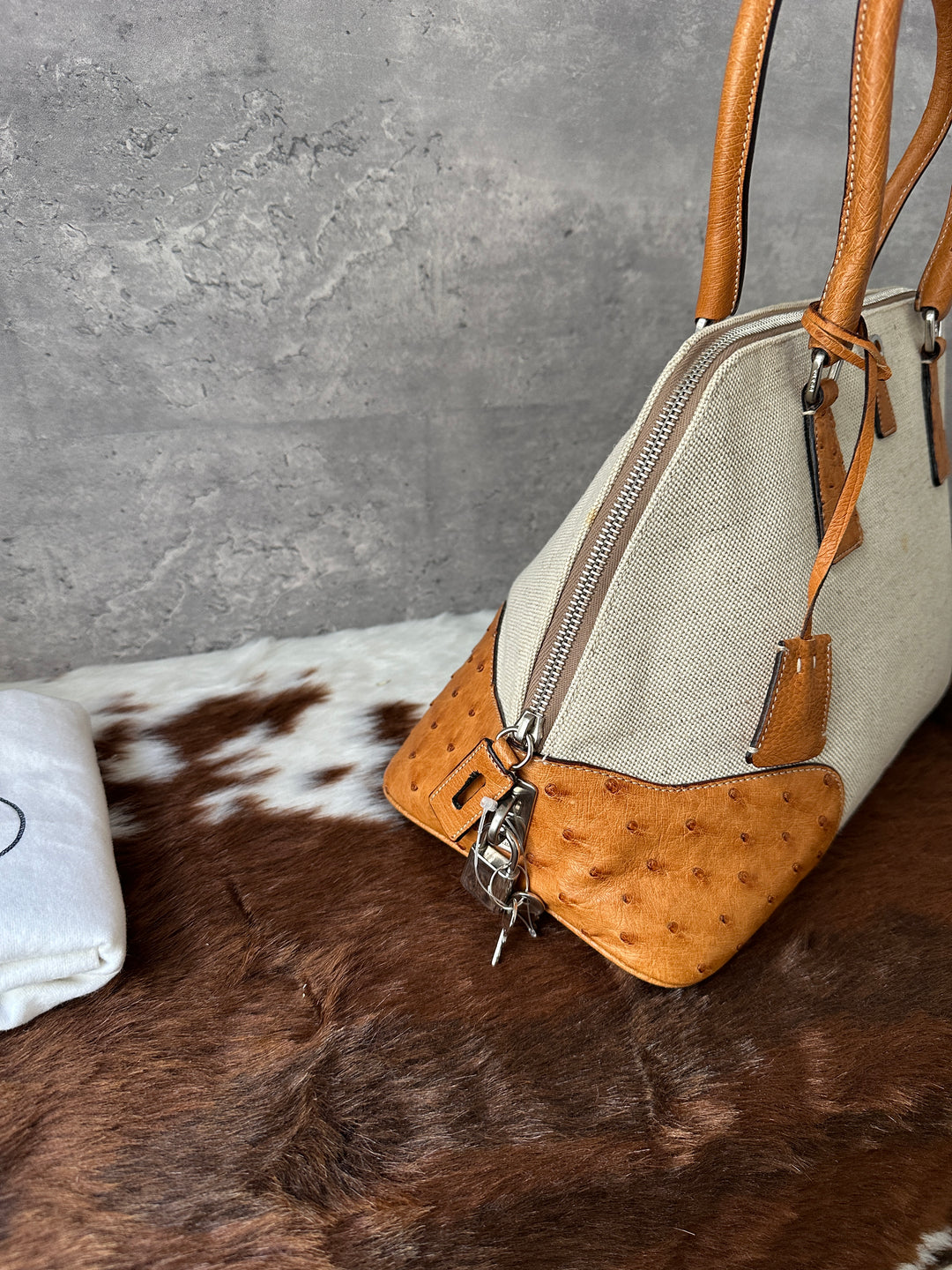 Prada “Canvas & Ostrich Leather Alma Bag” 🤎✨ | Ultra-Rare Exotic Trim • Key Lock • Shoulder-Friendly