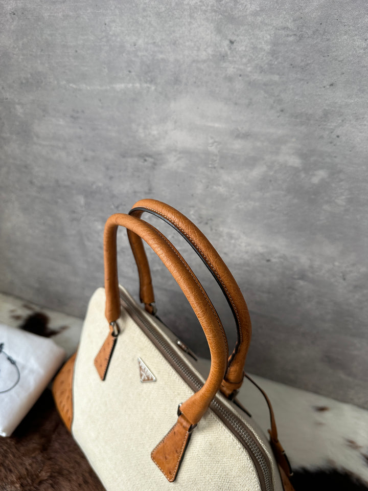 Prada “Canvas & Ostrich Leather Alma Bag” 🤎✨ | Ultra-Rare Exotic Trim • Key Lock • Shoulder-Friendly