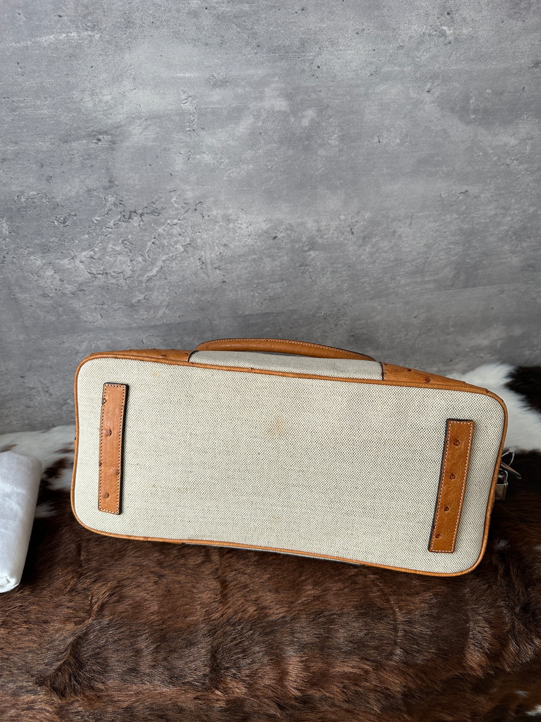 Prada “Canvas & Ostrich Leather Alma Bag” 🤎✨ | Ultra-Rare Exotic Trim • Key Lock • Shoulder-Friendly