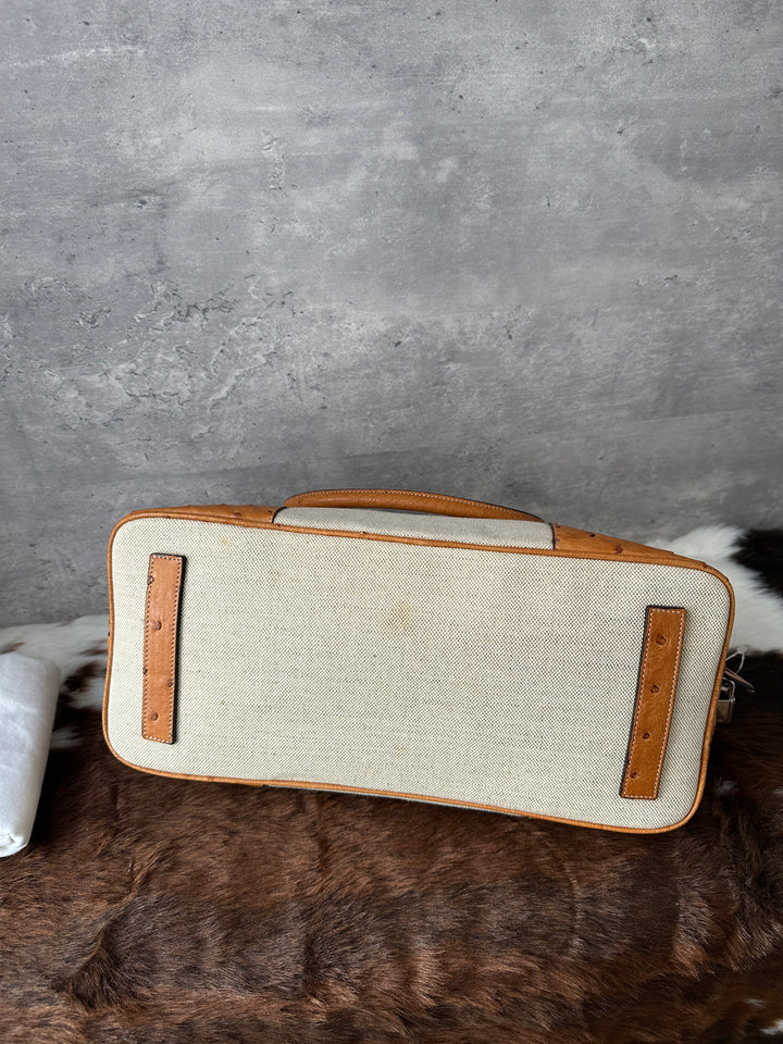 Prada “Canvas & Ostrich Leather Alma Bag” 🤎✨ | Ultra-Rare Exotic Trim • Key Lock • Shoulder-Friendly