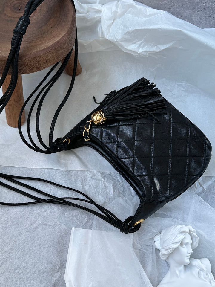 CHANEL Mini Hobo Crossbody – Black Quilted with Gold Ball Tassel 🖤✨