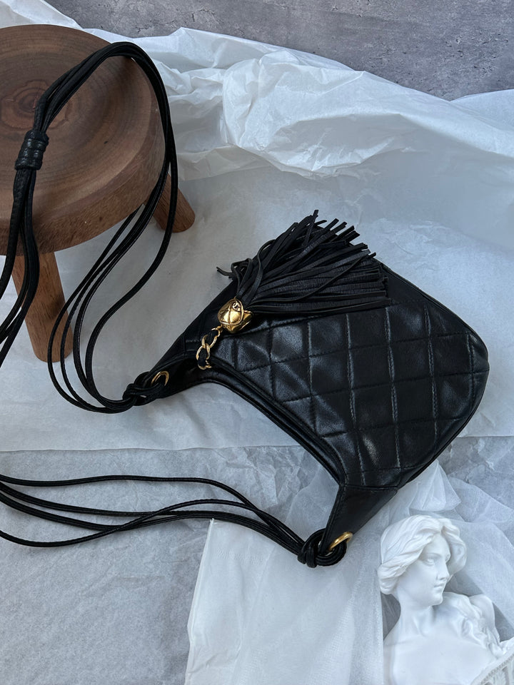 CHANEL Mini Hobo Crossbody – Black Quilted with Gold Ball Tassel 🖤✨