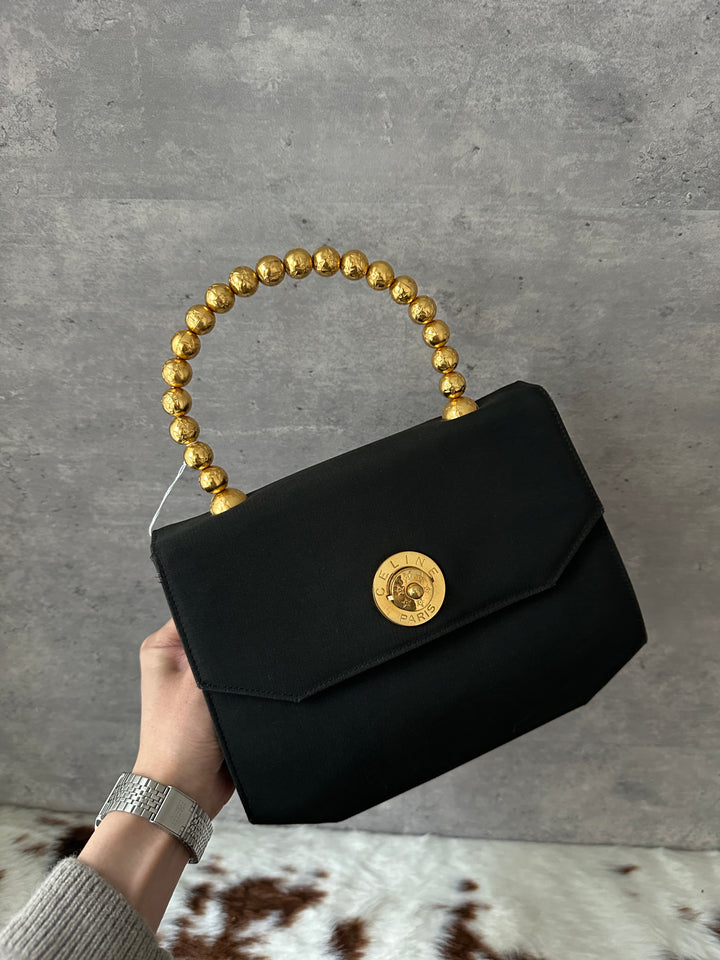 CELINE ✨ Satin Beaded-Handle Kelly Bag｜Opulent Gold Details × Iconic Red Interior × Rare Vintage Find