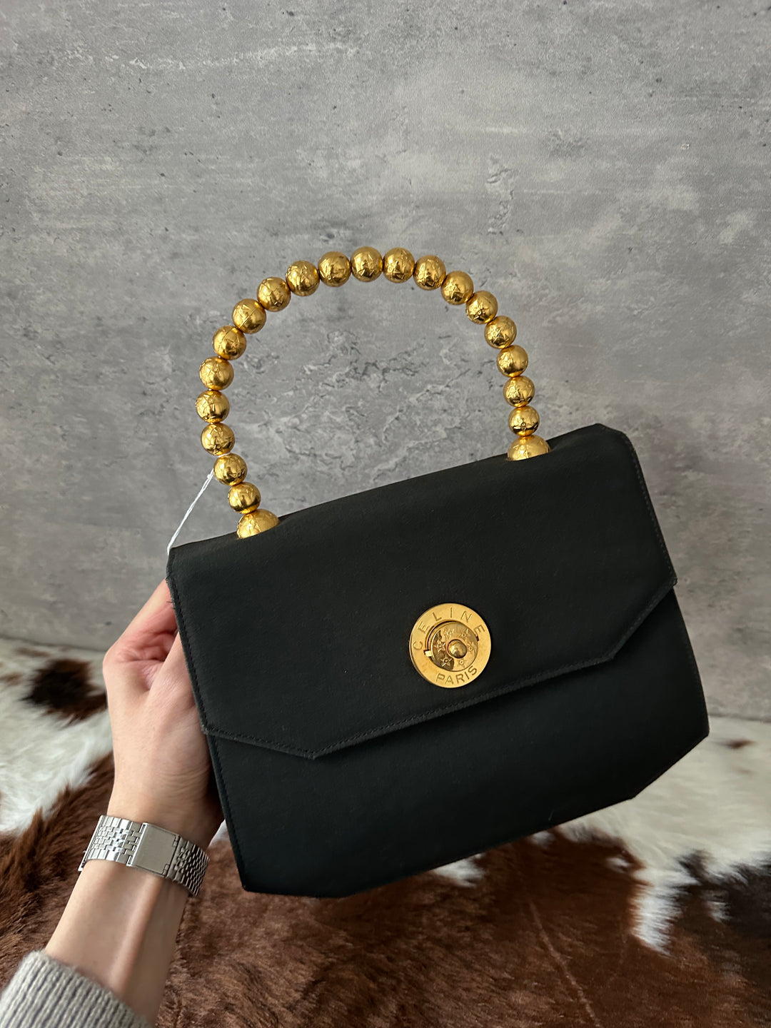 CELINE ✨ Satin Beaded-Handle Kelly Bag｜Opulent Gold Details × Iconic Red Interior × Rare Vintage Find