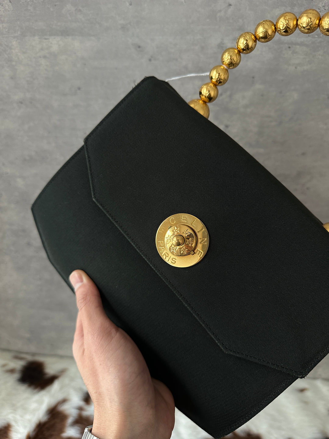 CELINE ✨ Satin Beaded-Handle Kelly Bag｜Opulent Gold Details × Iconic Red Interior × Rare Vintage Find