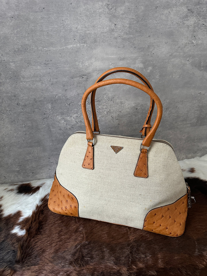 Prada “Canvas & Ostrich Leather Alma Bag” 🤎✨ | Ultra-Rare Exotic Trim • Key Lock • Shoulder-Friendly